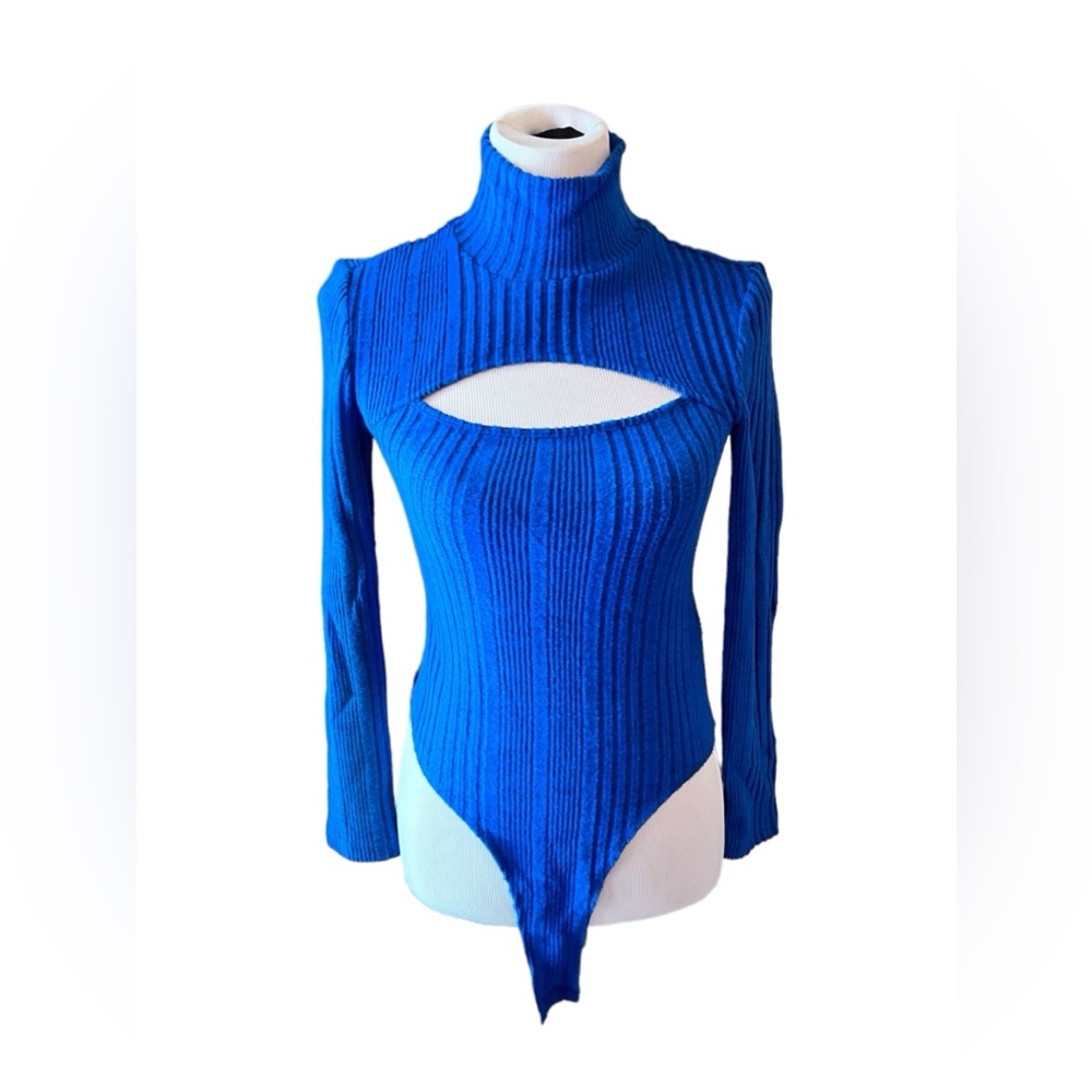SHEIN Blue Ribbed Cut Out BodySuit Turtle Neck Long Sleeve
